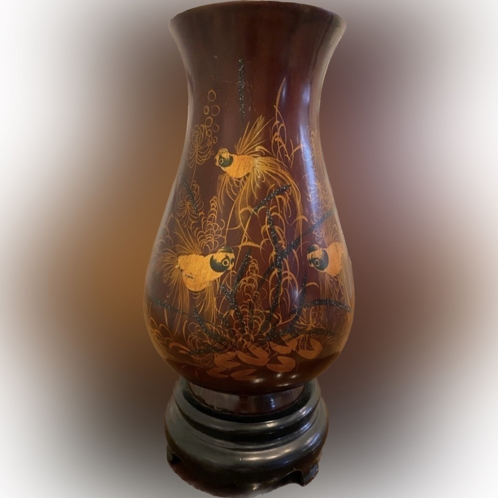 Vintage 1960 11” tall Hand painted mahogany & black Lacquer Wood Vase -Viet Nam